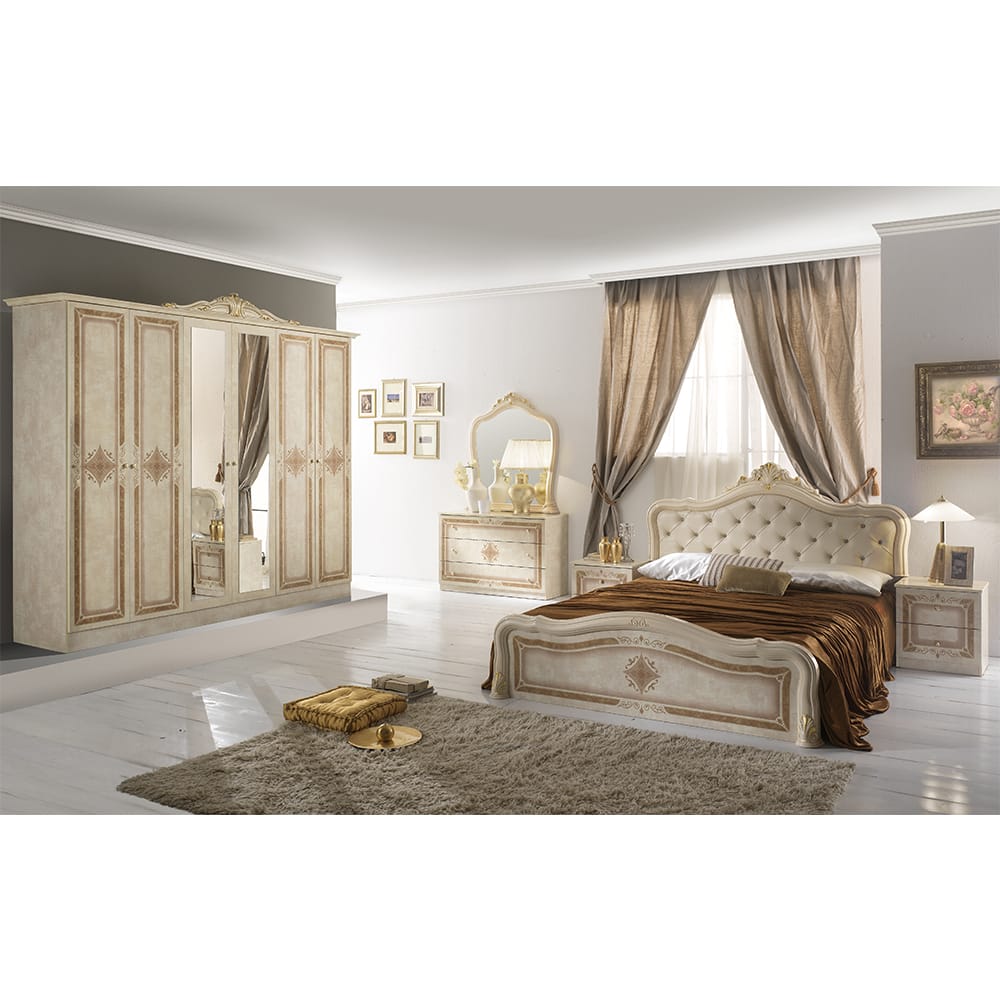 Set Luisa Dormitor, 6 piese, pat, dulap, comoda, noptiere si oglinda - imagine 2