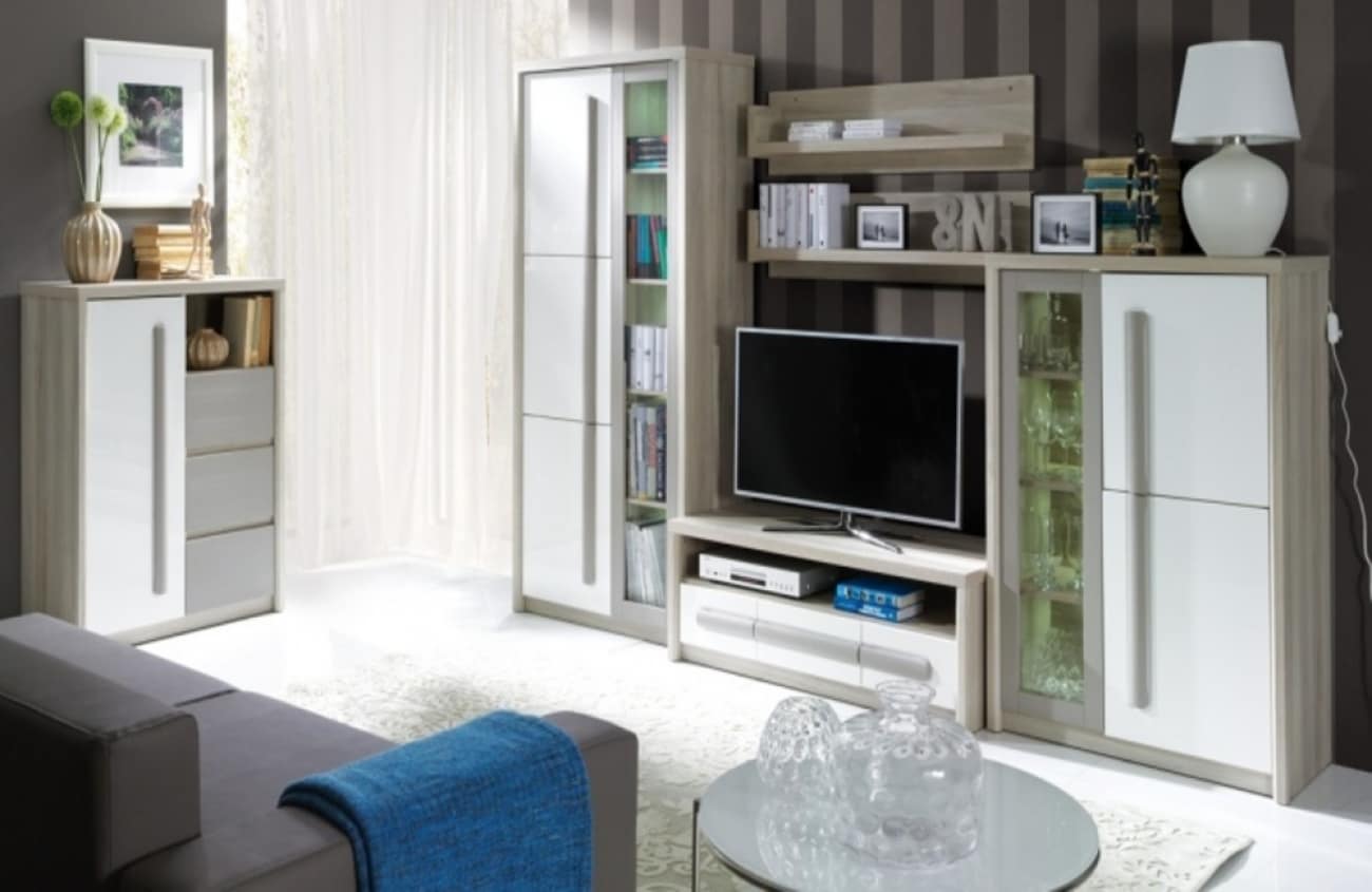 Mobila de living Roma 1, alb lucios cu gri, manere mari, compacta >>Mobila Croma
