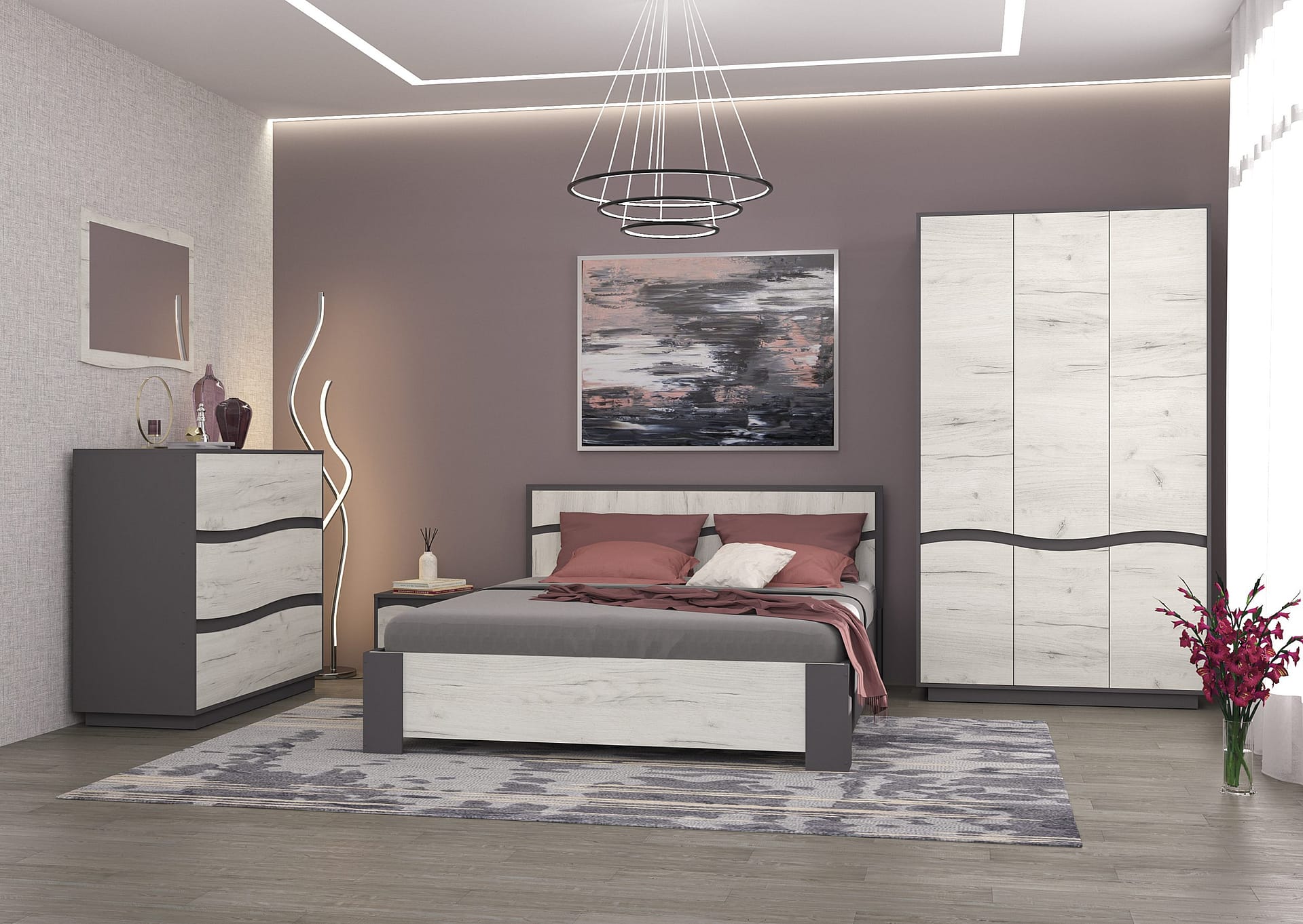 Set Dormitor Astoria, 4 piese, pat, dulap, noptiere - imagine 2