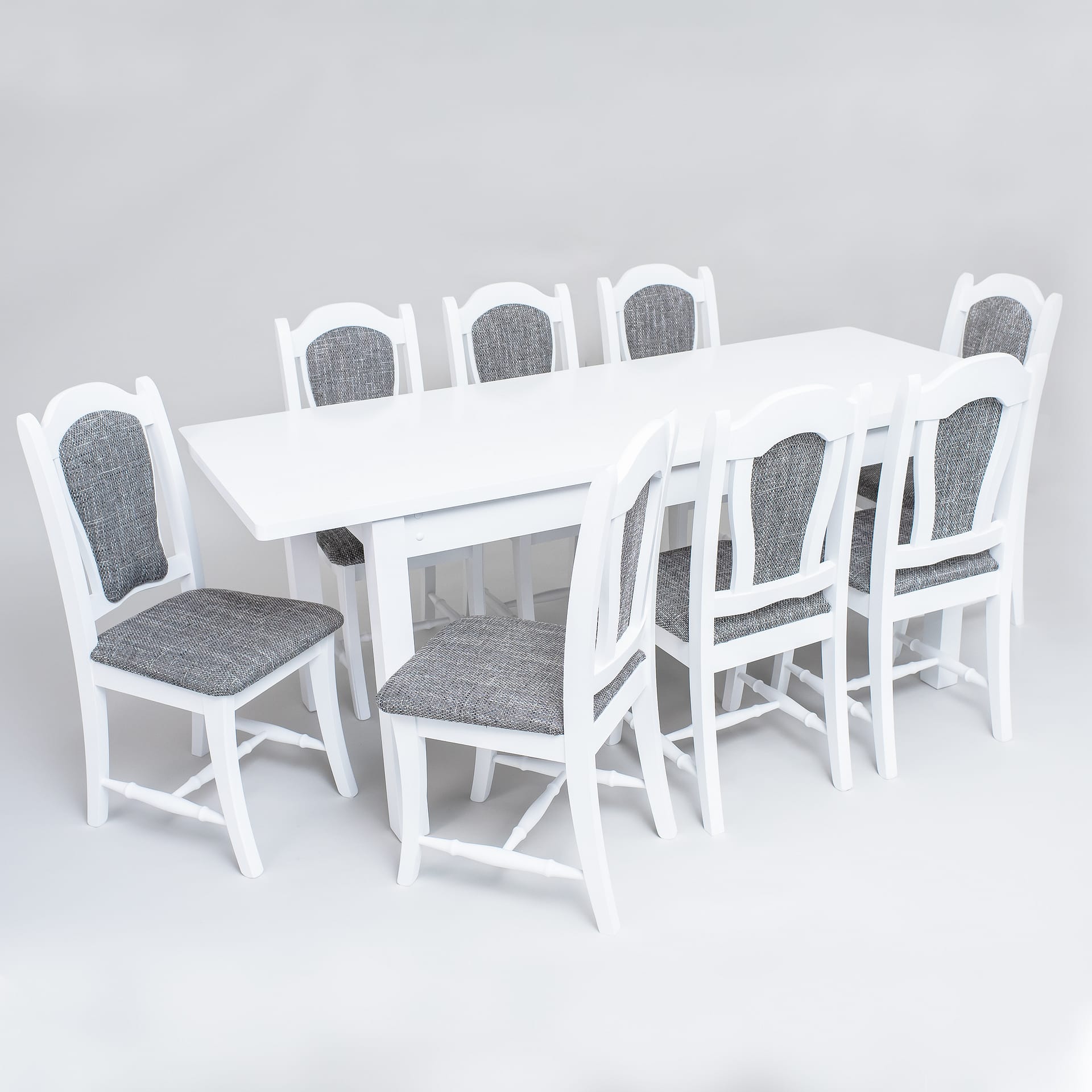 Set Regal si Vlad alb masa cu 8 scaune de lemn >>Mobila Croma
